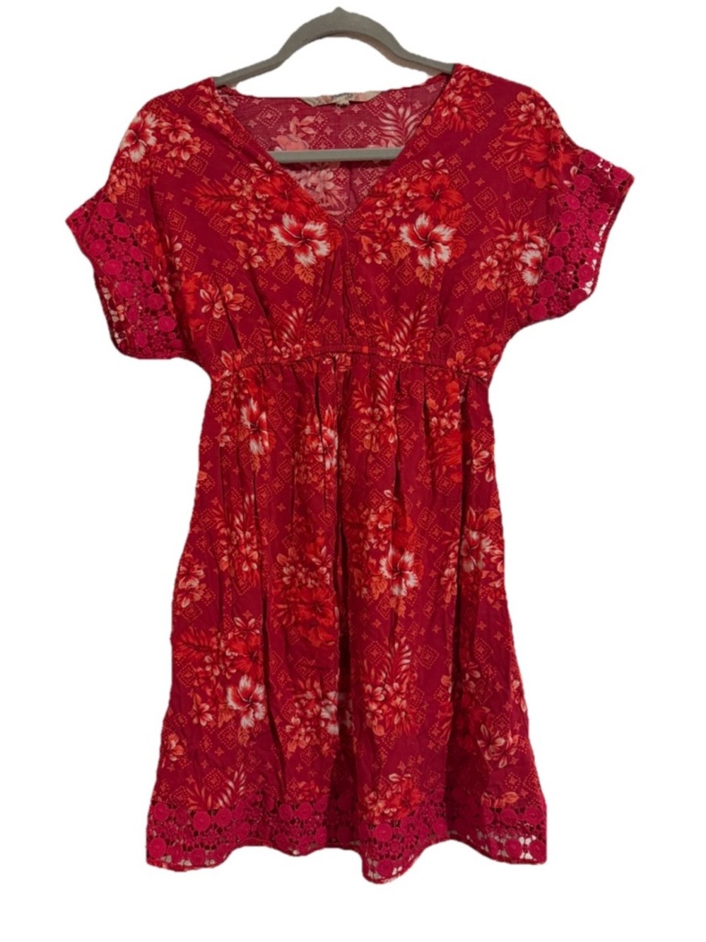 Red Floral Mini Dress with Lace Trim